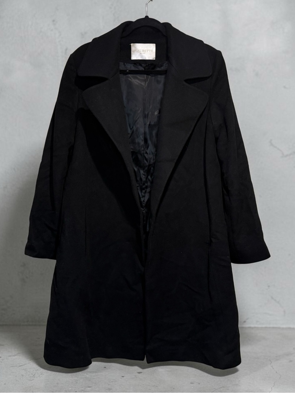 Fleurette x Loro Piana Black Wool Cashmere Open Overcoat size 18